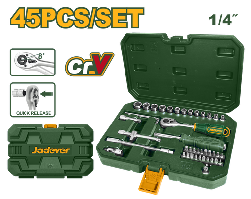[JDST4D45] Jogo de Ferramentas 45 Peças 1/4" - Jadever - Soquetes, Pontas e Acessórios em Cr-V