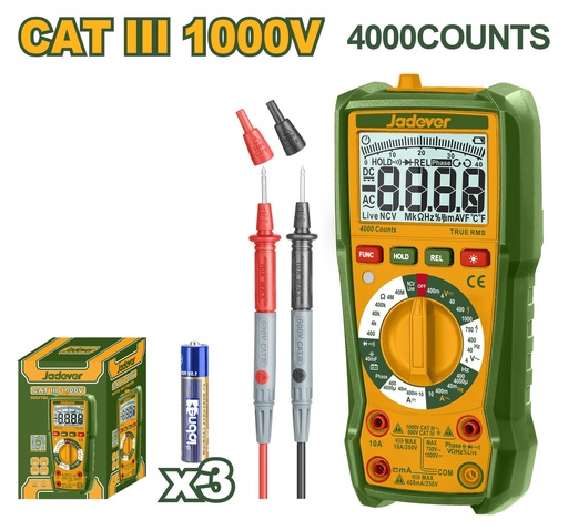 [JDDM2502] Multímetro Digital 1000V - Jadever - 4000 Contagens True RMS com Medição de Fase