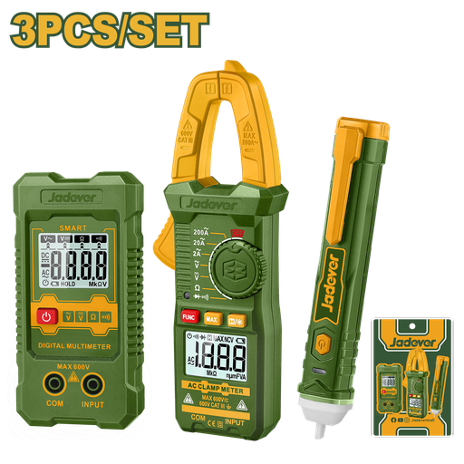 [JDDM94011] Kit de Teste Elétrico - Jadever - 3 Peças com Alicate Amperímetro, Multímetro Digital e Detector de Tensão