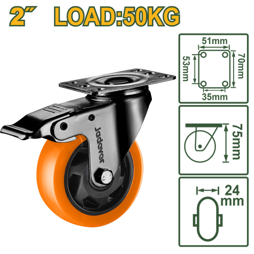 [JDJL2323] Roda Rígida 3" - Jadever - Carga 100kg com Rolamento de Esferas Duplas e Estrutura Galvanizada