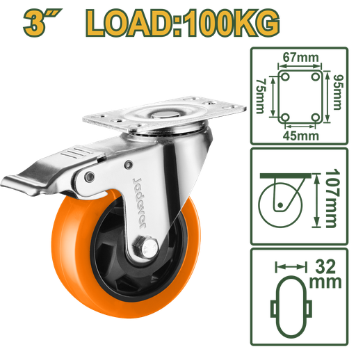 [JDJL2333] Roda Giratória 3" com Freio - Jadever -Carga 100kg com Rolamento de Esferas Duplas e Estrutura Galvanizada
