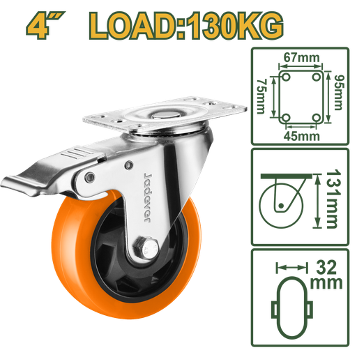 [JDJL2343] Roda Giratória 4" com Freio - Jadever - Carga 130kg com Rolamento de Esferas Duplas e Estrutura Galvanizada