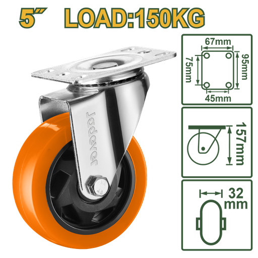 [JDJL2352] Roda Giratória 5" - Jadever - Carga 150kg com Rolamento de Esferas Duplas e Estrutura Galvanizada