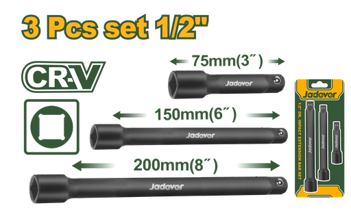 [JDMS7403] Jogo de Barras de Extensão de Impacto Jadever 1/2" - 3", 6" e 8" em Aço Cr-V