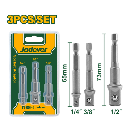 [JDSV4K01] Adaptador de Soquete 3 Peças Jadever - Haste Hexagonal 1/4" com Comprimentos 65mm e 73mm