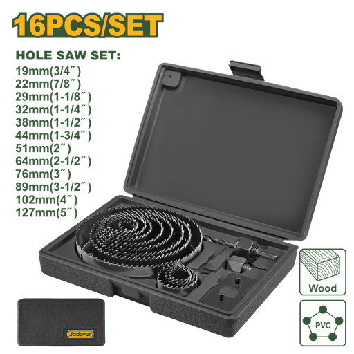 [JDKJ4416] Jogo de Serras Copo de Aço Carbono 16 Peças - Diâmetros de 19mm a 127mm